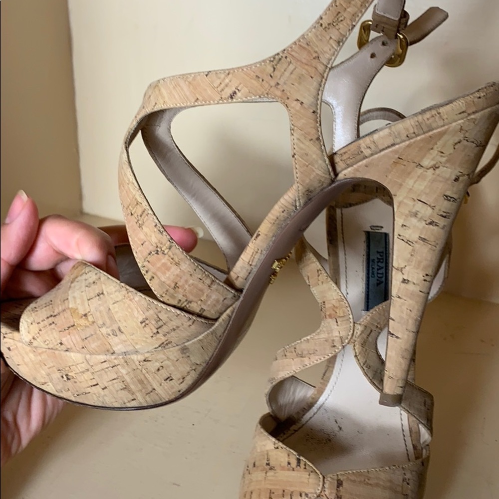 Prada cork high heel platforms